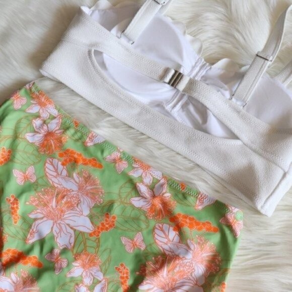 NWT High Waist Bikini Set Size XXL White Green Orange Floral Print - Picture 7 of 9